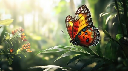 Obraz premium A colorful butterfly perched delicately on a lush green leaf, its wings spread wide, basking in the natural sunlight of a peaceful garden.