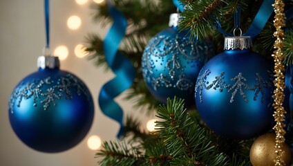 Elegant blue ornaments and tinsel hanging from a Christmas tree.