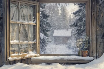 Winter Cabin View From A Snowy Rustic Window