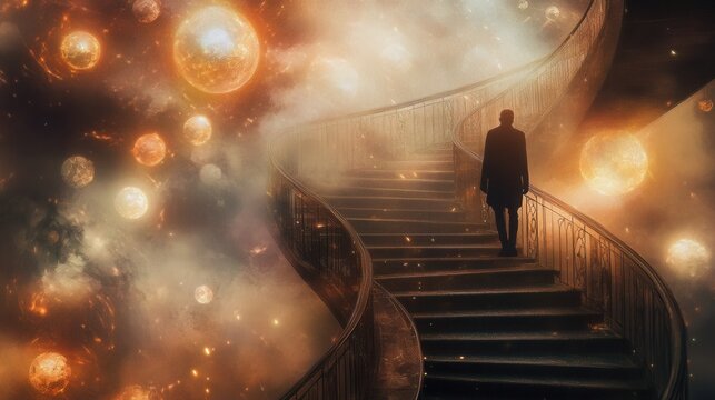 Cosmic Staircase Man Ascends Celestial Spiral Stairway Planets