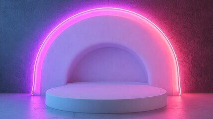 A pod-like white podium with retro neon shapes in the background, creating a soft vintage look