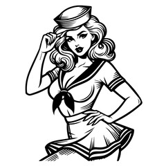 hand-drawn sailor woman in classic pin-up pose, monochrome art
