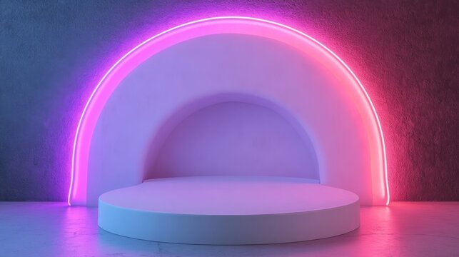 A pod-like white podium with retro neon shapes in the background, creating a soft vintage look