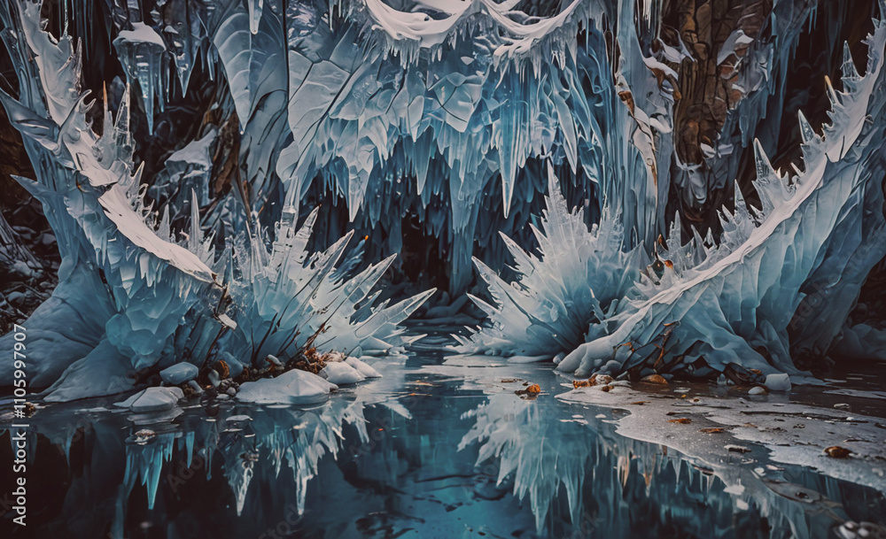 Aufkleber frozen lake with ice formations on the surface. the ice formations are in the shape of a mouth