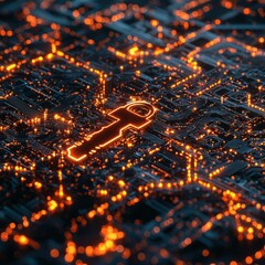 Futuristic digital circuit board with glowing lock symbol representing data security and protection