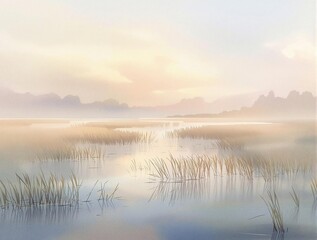 Obraz premium Atmospheric watercolor artwork of the everglades at dawn with delicate brushwork, early morning mist, delicate artistry, watercolor technique
