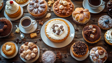 table full of cakes and coffee, coffee beans, sweets and cappuccino, breakfast, french breakfast, hot drinks sweets, cupcakes