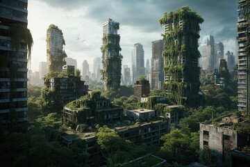 Obraz premium Overgrown Urban Jungle: A Lush Post-Apocalyptic City Landscape