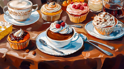 table full of cakes and coffee, coffee beans, sweets and cappuccino, breakfast, french breakfast, hot drinks sweets, cupcakes