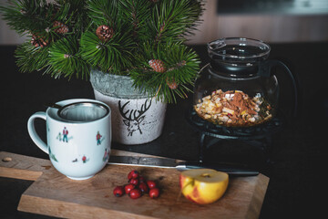 fruits on a wood board for a healthy homemade tea 