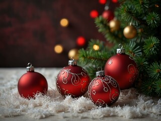 Elegant festive decor with red Christmas balls.