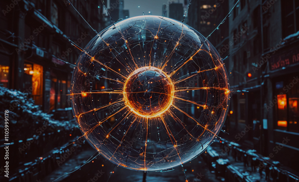 Poster glowing sphere with a black center. the sphere is surrounded by a network of lines. the sphere is in