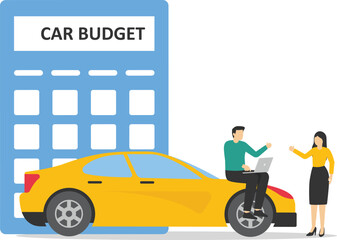 Car budget. Businesswoman and man standing with car budget on calculator and stack of coins.

