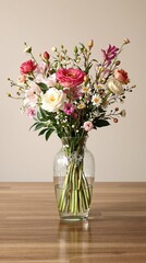 Beautiful bouquet of winter flowers arranged in a elegant vase on a wooden table , wood, bouquets, winter wedding, decorations, seasonal decor