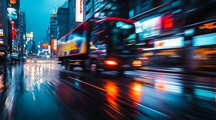 Night City Truck Speeding Through Rain Streaked Streets