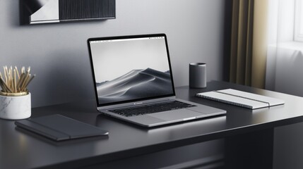 Modern Laptop Displaying Desert Landscape On Desk