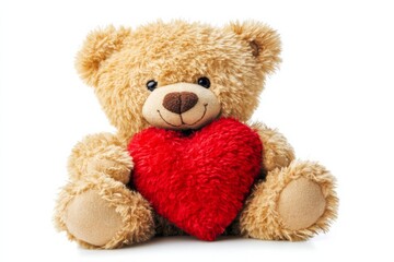 Obraz premium Cute brown teddy bear holding red heart shaped pillow while sitting on white background symbolizing love