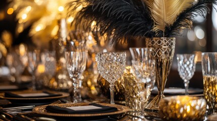 Classic 1920s art deco New Year's decor with gold and black geometric designs, feathered centerpieces, and crystal glasses