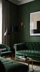 Fototapeta premium Elegant living room with green sofa and black lamps.