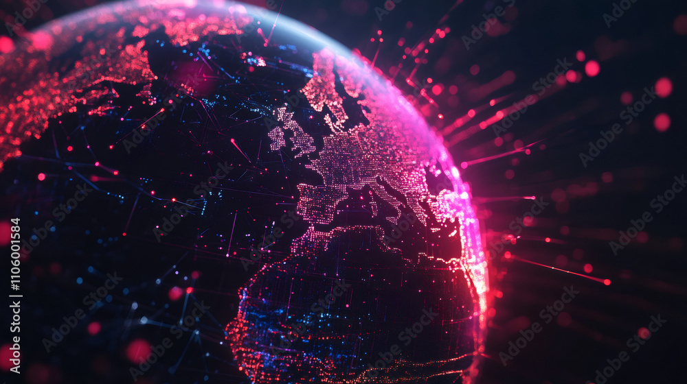 Poster imagining the future: earth's rotation reveals europe and africa linked by data lines, representing 