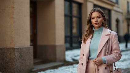 Fototapeta premium Elegant pastel-colored outfit, soft tones for winter.