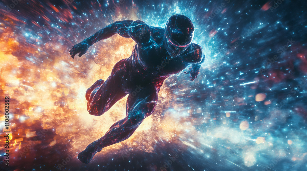 Poster astronaut racing through an alternate dimension, enveloped by vibrant nebulae and stardust in space 