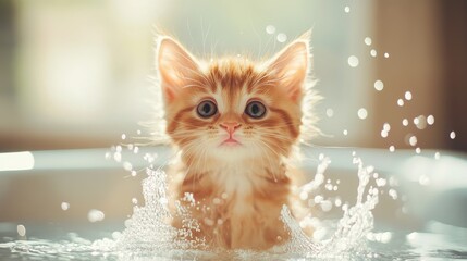 A cute orange kitten enjoying a gentle bath, splashing water playfully, with bubbles all around and a joyful expression on its face