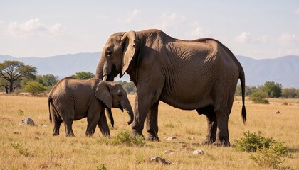 Fototapeta premium Big and small elephants in african savanna, joyful mood, mother and baby, wide grassland background