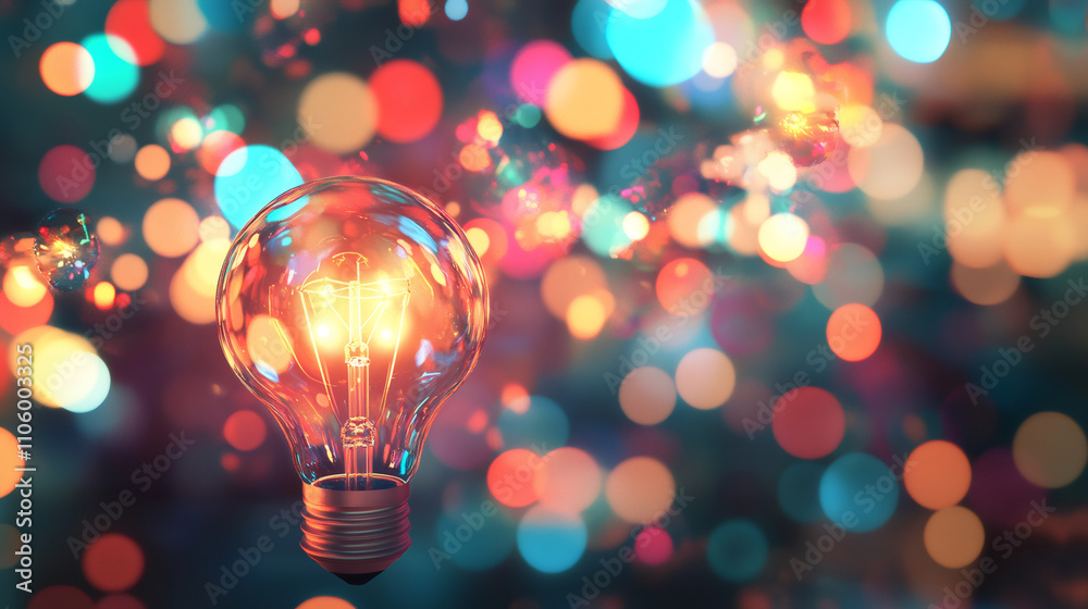 Aufkleber Glowing light bulb with colorful bokeh background symbolizing creativity, innovation, and new ideas