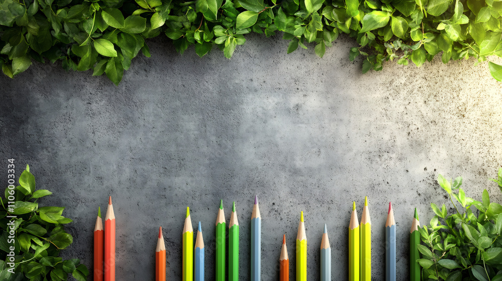 Poster Colorful pencils displayed on textured gray surface with leafy green border, perfect for text or design