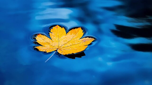 A vibrant yellow leaf floating gracefully on a serene blue water surface. Concept of tranquility, autumn beauty, and the peaceful rhythm of nature.