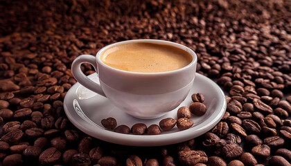 Fototapeta premium Una taza blanca de café con crema de leche sobre un platillo blanco rodeado de granos de café tostado