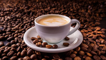 Obraz premium Una taza blanca de café con crema de leche sobre un platillo blanco rodeado de granos de café tostado