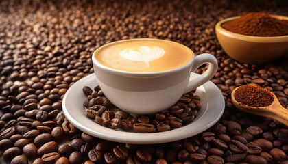 Fototapeta premium Una taza blanca de café con crema de leche sobre un platillo blanco rodeado de granos de café tostado