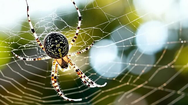 An orb-weaver spider highlighted by the sunlight on its web. Concept of patience, skill, and the complexity of nature.