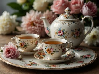 Fototapeta premium Elegant tea set with floral design surrounded by blooming flowers.