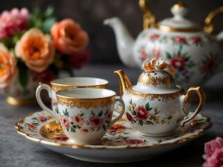 Fototapeta premium Elegant tea set with floral design surrounded by blooming flowers.