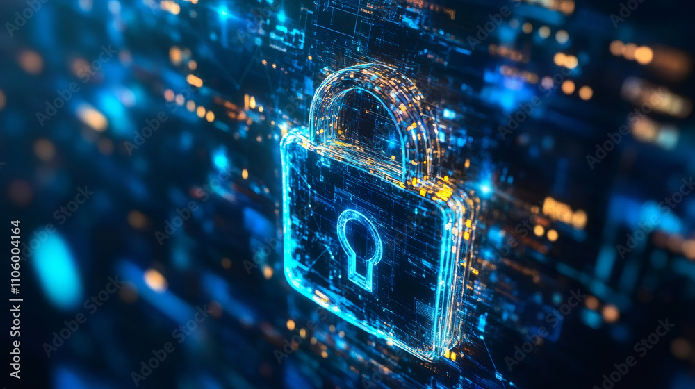 Poster futuristic glowing digital padlock symbolizes cybersecurity, protecting data flow in cyberspace