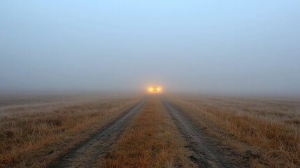 Dense Fog Covering a Desolate Road with a Single Vehicle Illuminated by Lights in the Midst of a Mysterious Atmospheric Landscape