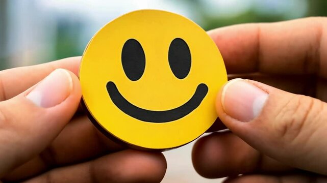 Hands holding a yellow smiling face against a blurred background. Concept of positivity and the universal language of joy.