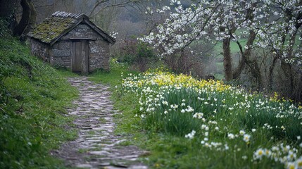 Serene Countryside Scene Featuring a Stone Pathway and Charming Shelter Surrounded by Blossoming Trees and Vibrant Flowering Plants in a Peaceful Setting
