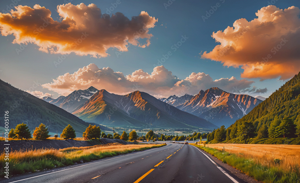 Poster road with a mountain range in the background. the sky is cloudy and orange. there are trees along th