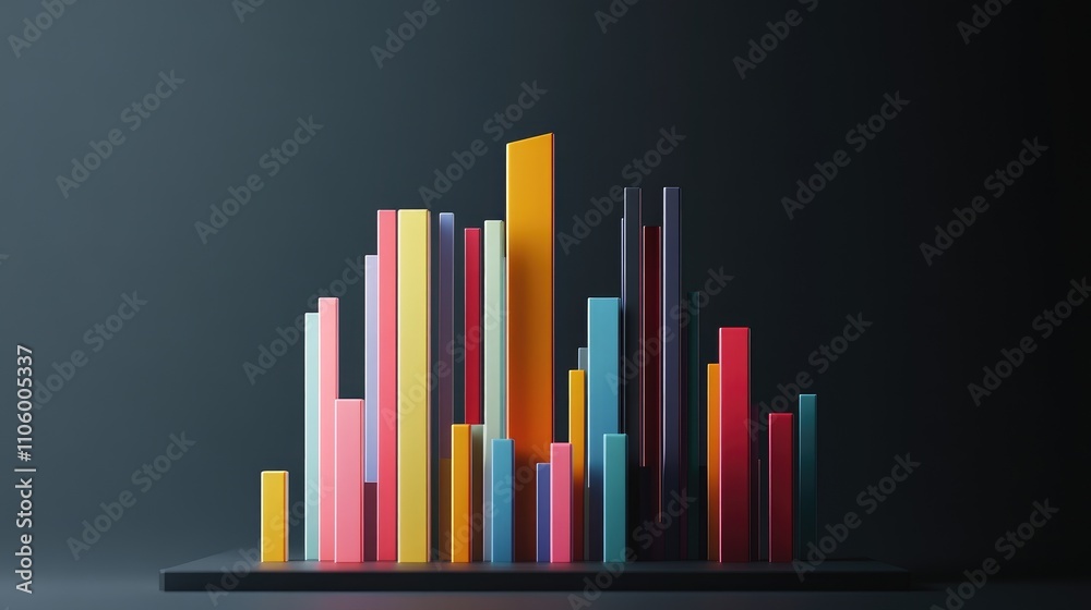 Poster a dynamic 3d bar chart displaying colorful data representations, with upward trends and various heig