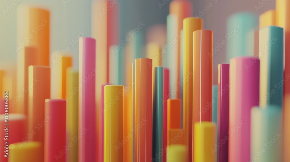 Poster a dynamic 3d bar chart displaying colorful data representations, with upward trends and various heig