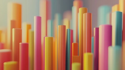 Fototapeta premium A dynamic 3D bar chart displaying colorful data representations, with upward trends and various heights, set against a sleek, modern background to highlight the growth and analysis of market data.