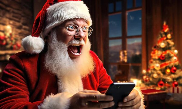 Santa discovers a surprise while scrolling on his phone, spreading joy and excitement during the festive season at home