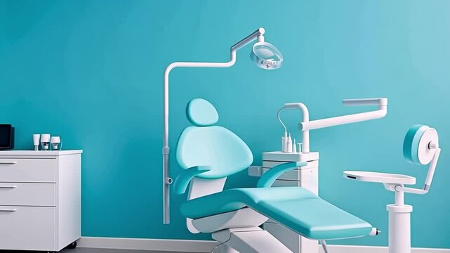 Minimalist dental clinic interior with a turquoise dental chair and equipment. Concept of modern healthcare, hygiene, and professional dentistry. Perfect for theeth healthcare ad.
