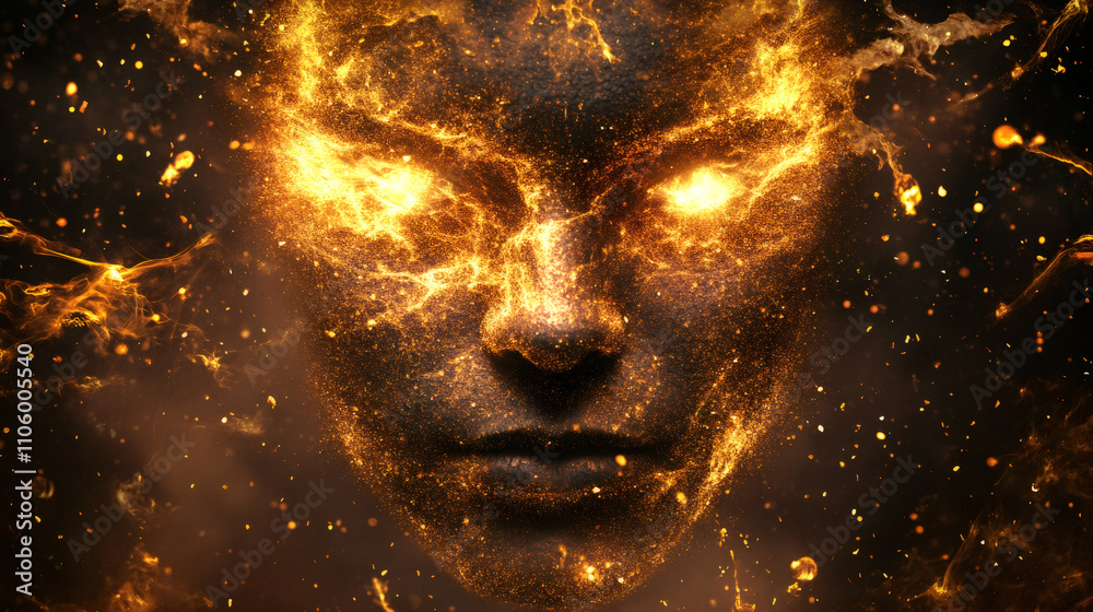 Poster blazing particles and energy streams forming a powerful human face with glowing eyes on a dark backg