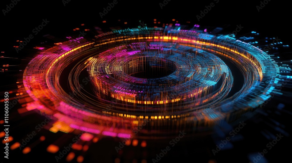 Poster a dynamic 3d circular graph with rotating sections, glowing with neon colors, representing data dist