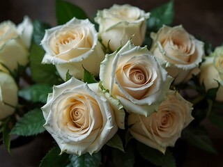 Elegant white rose bouquet with green leaves, wedding flowers.